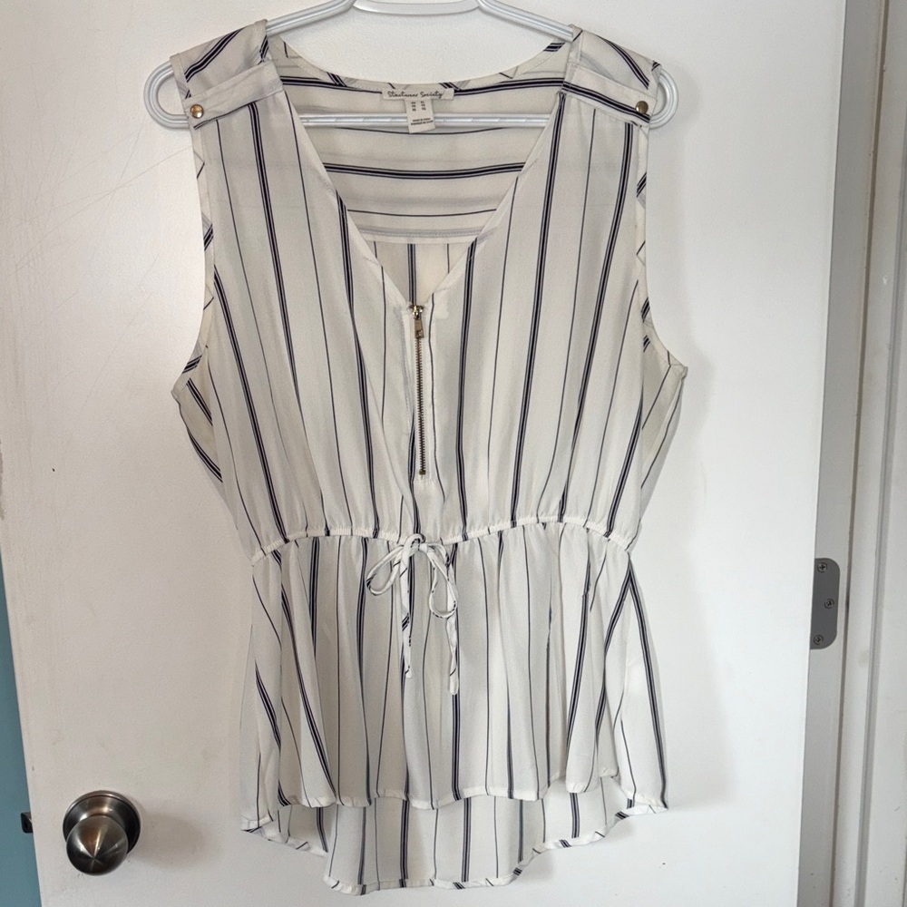 White and Black Striped V-Neck Blouse